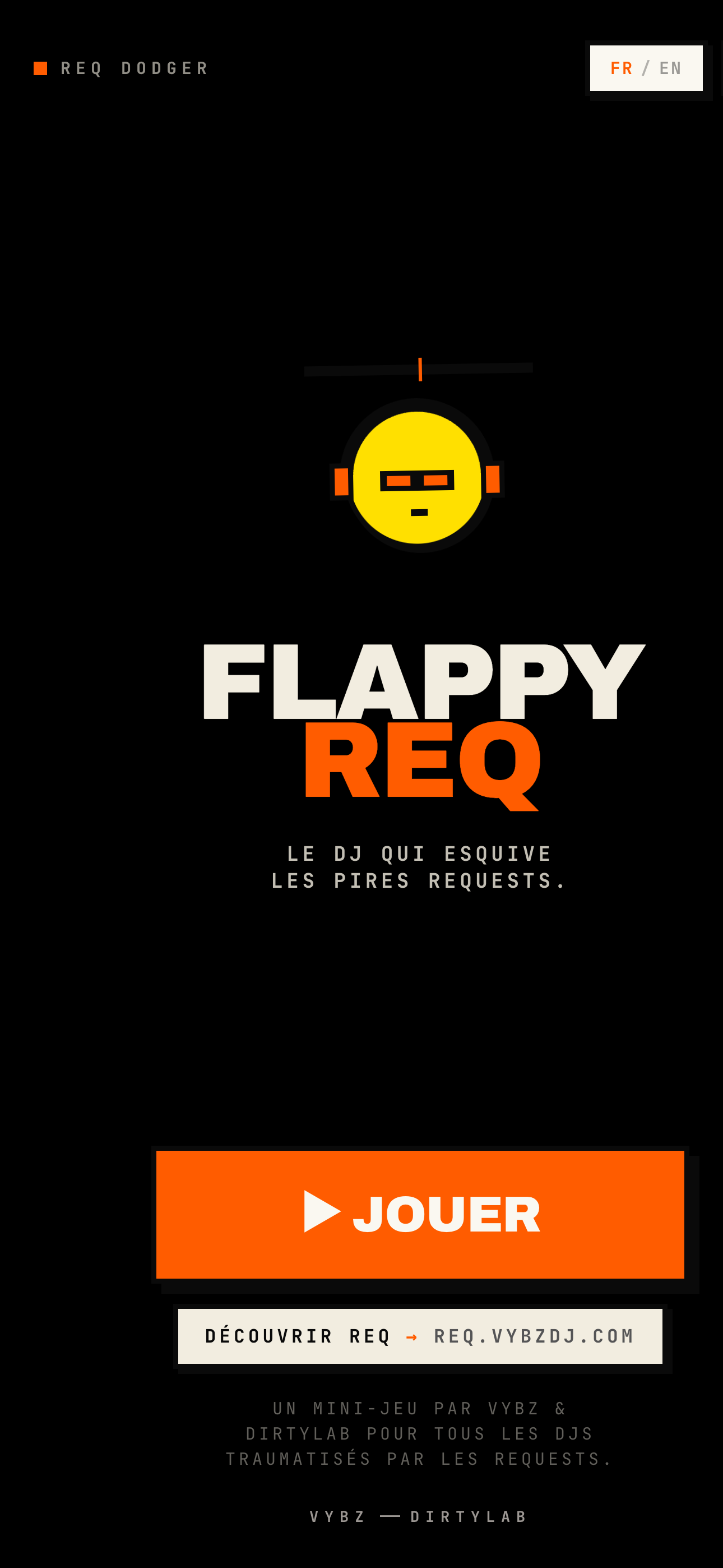 Écran d'accueil de FLAPPY REQ avec le titre et le bouton Jouer