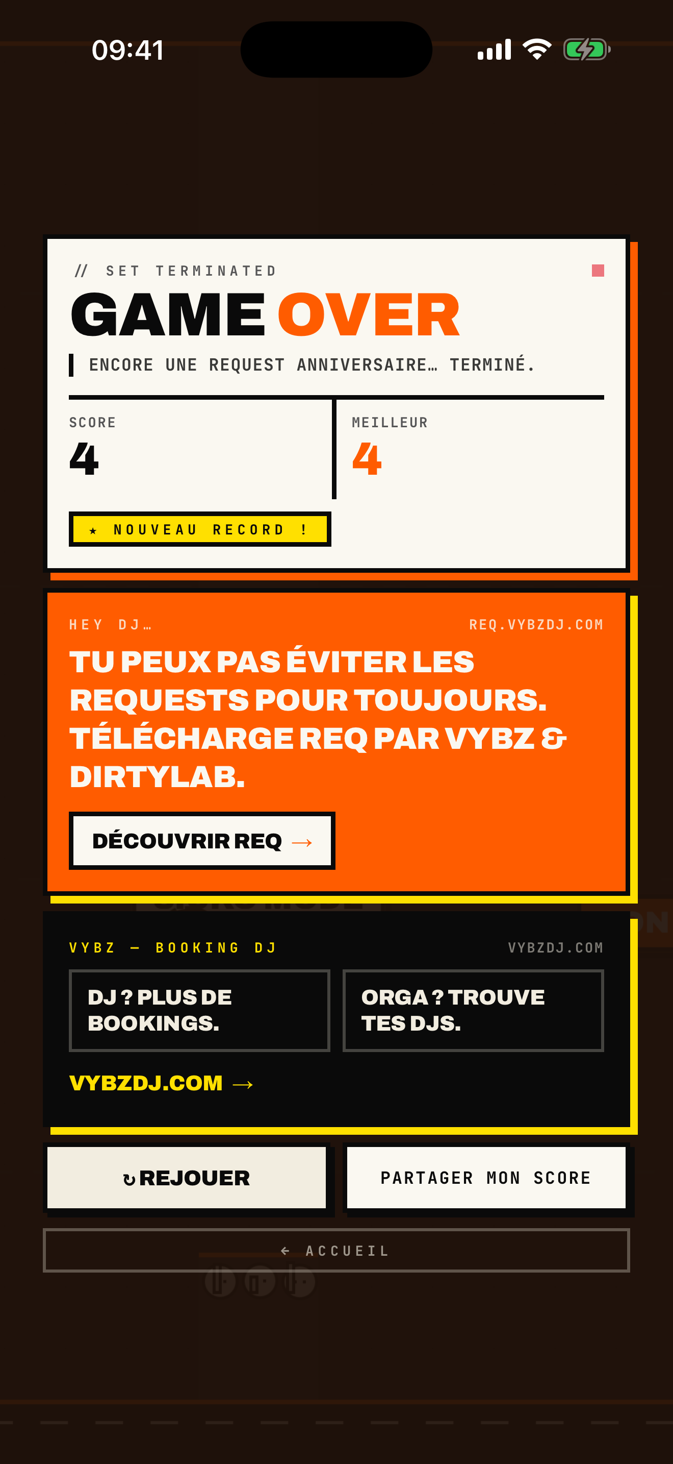 Écran game over de FLAPPY REQ
